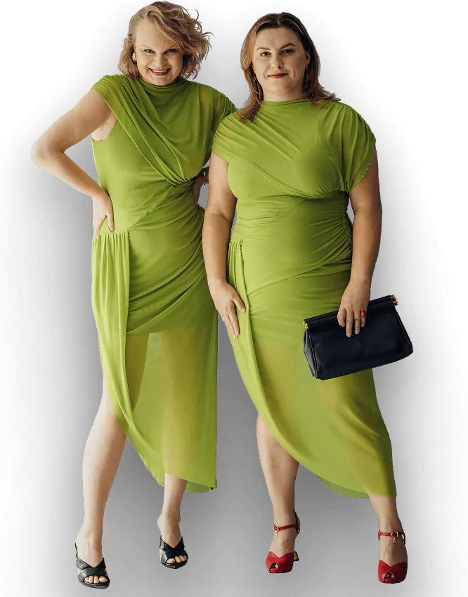 Monika i Ania w limonkowych drapowanych sukienkach